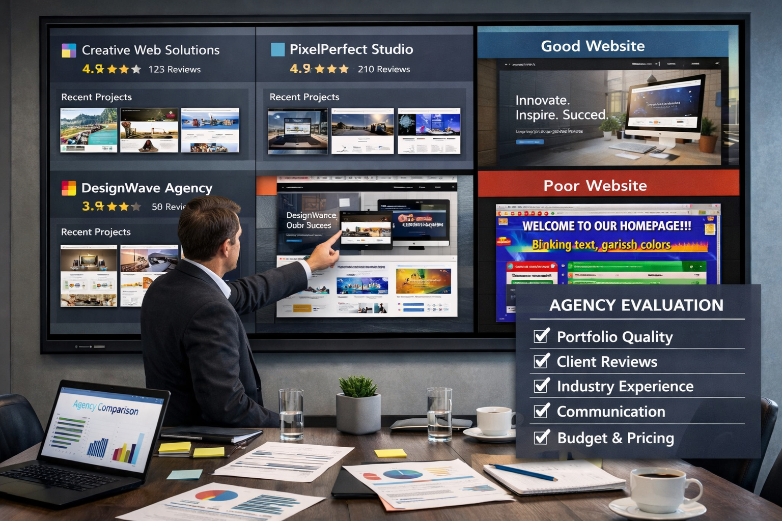 Landscape format (1536x1024) image showing selection process visualization with multiple web design agency profiles displayed on large inter - Webdesign Agentur für KMU 19 Landscape format (1536x1024) image showing selection process visualization with multiple web design agency profiles displayed on large inter