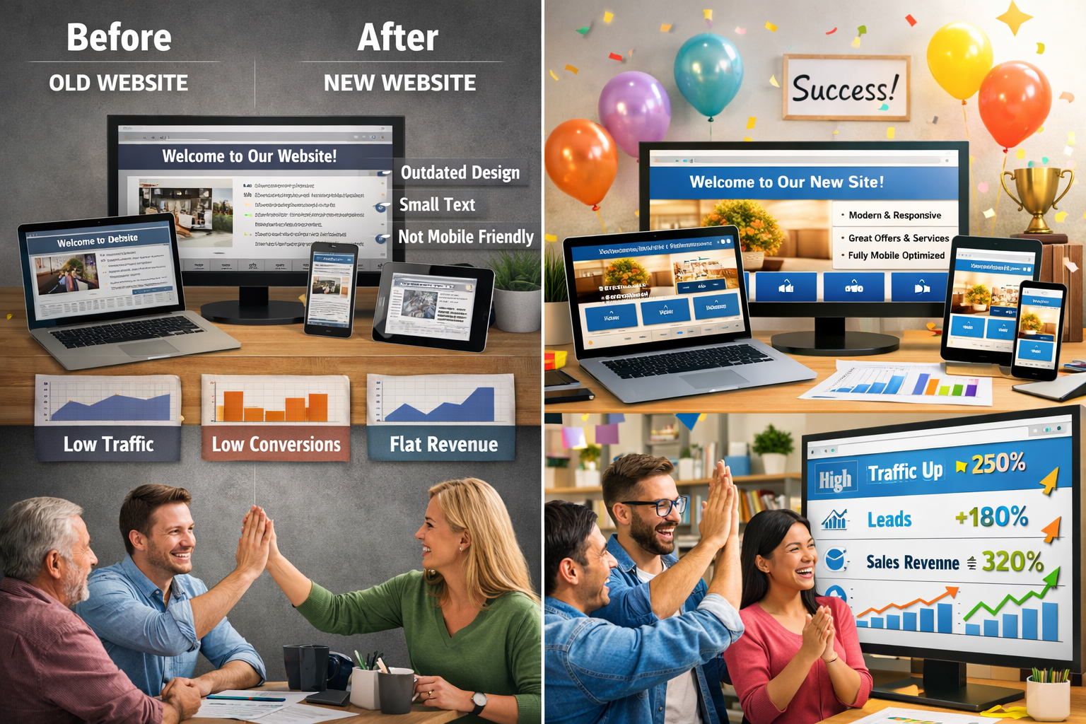 Landscape format (1536x1024) image depicting successful website launch celebration in small business environment. Before/after comparison sh - Webdesign Agentur für KMU 25 Landscape format (1536x1024) image depicting successful website launch celebration in small business environment. Before/after comparison sh