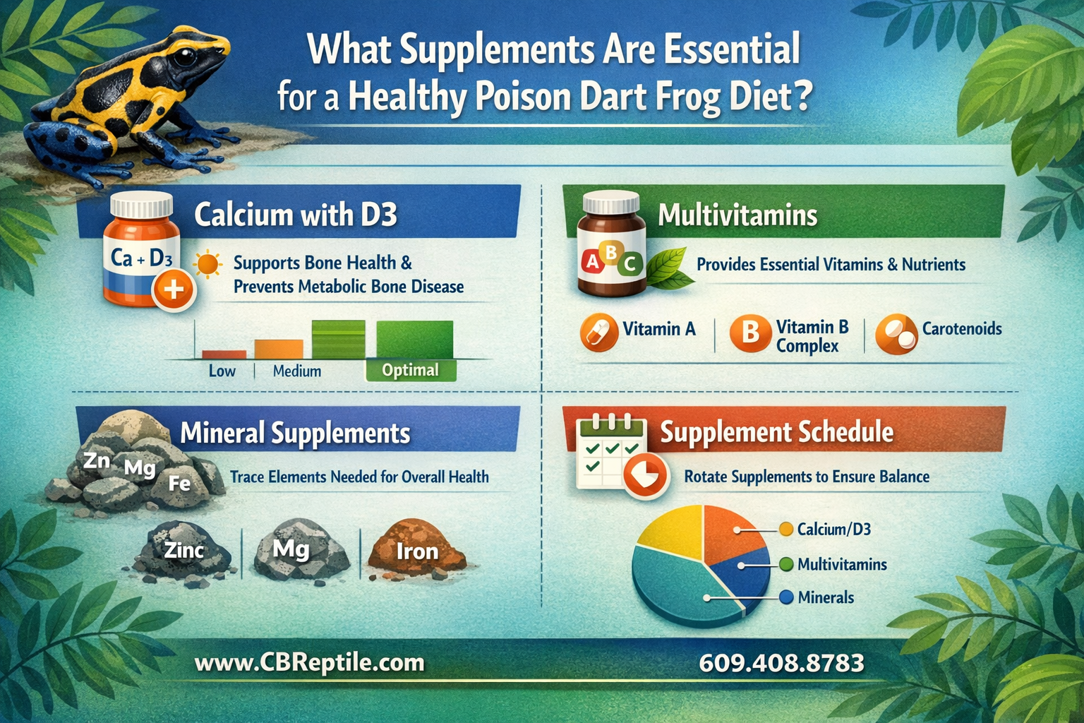 Professional infographic for article "Poison Dart Frog Diet: What They Eat in the Wild and in Captivity (2026 Guide)",