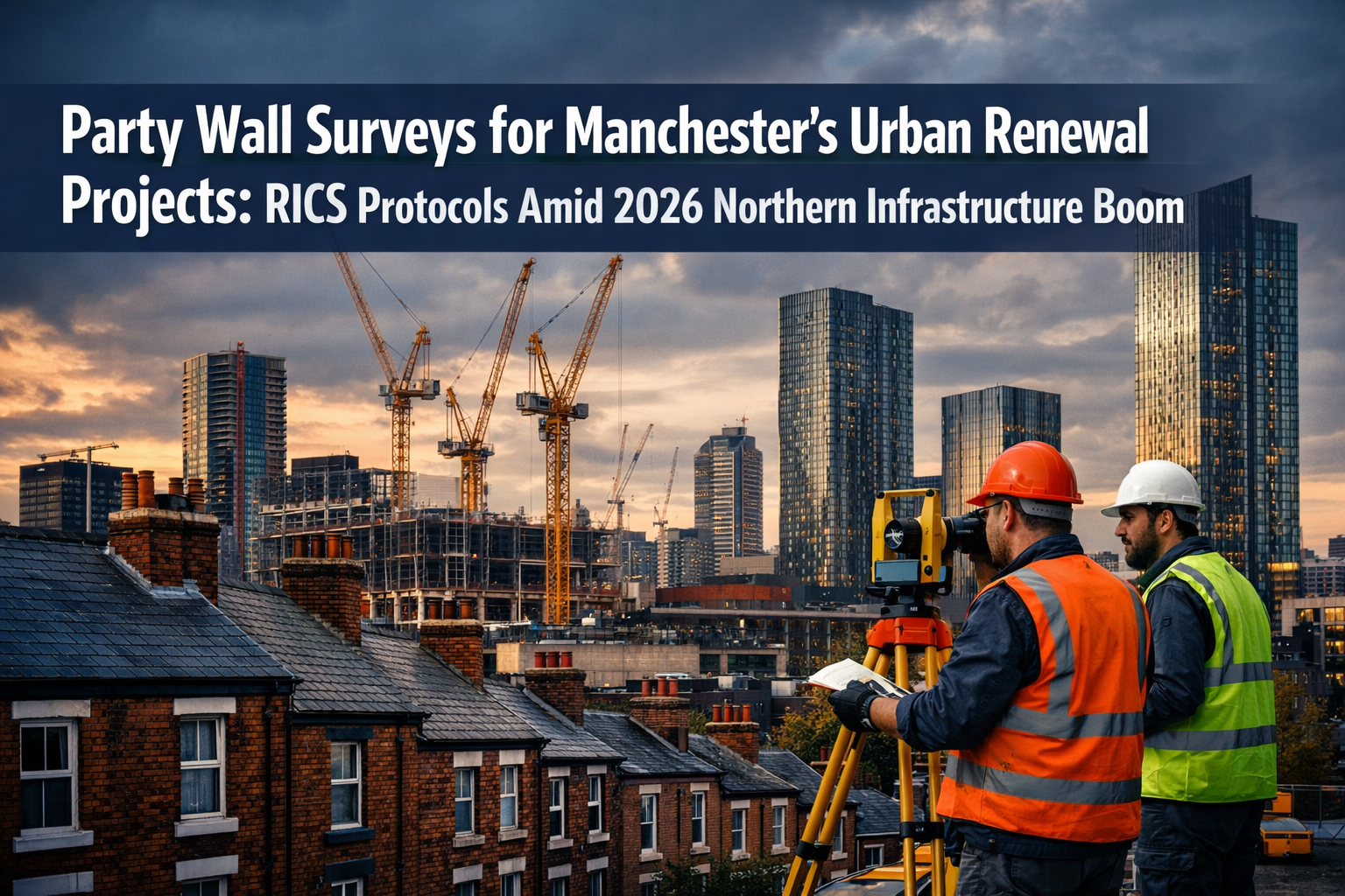 Professional () hero image featuring 'Party Wall Surveys for Manchester's Urban Renewal Projects: RICS Protocols Amid 2026