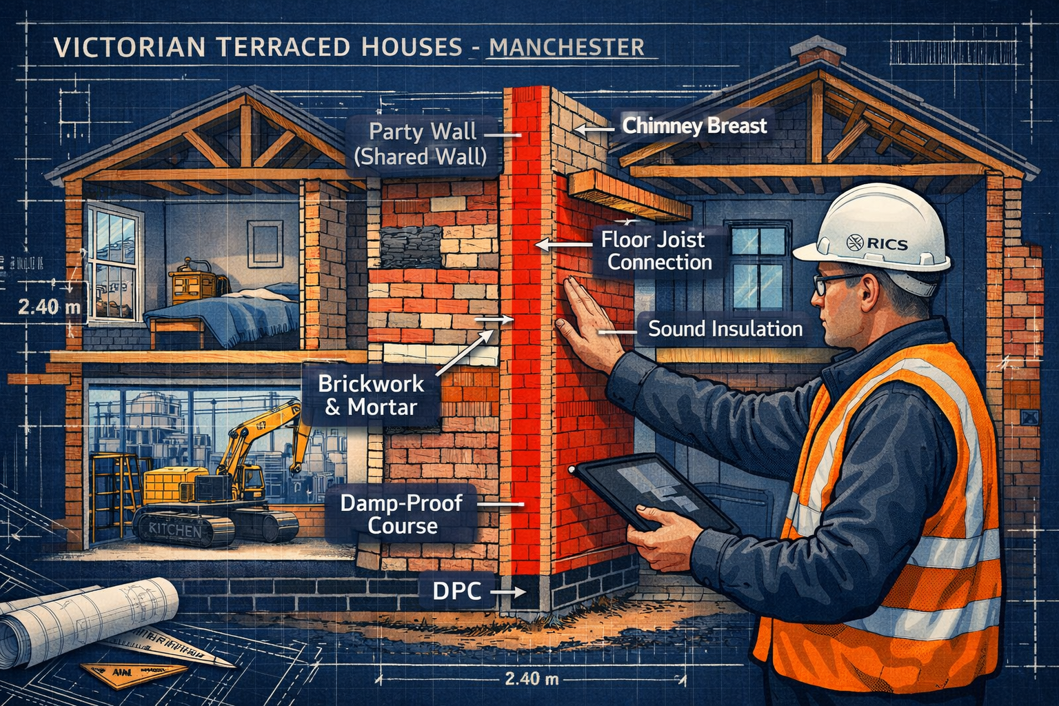 () detailed illustration showing cross-section diagram of Victorian terraced houses in Manchester with shared party walls