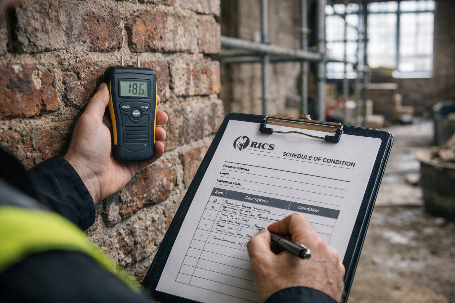 () professional photograph of RICS chartered surveyor conducting detailed party wall inspection in Manchester renovation