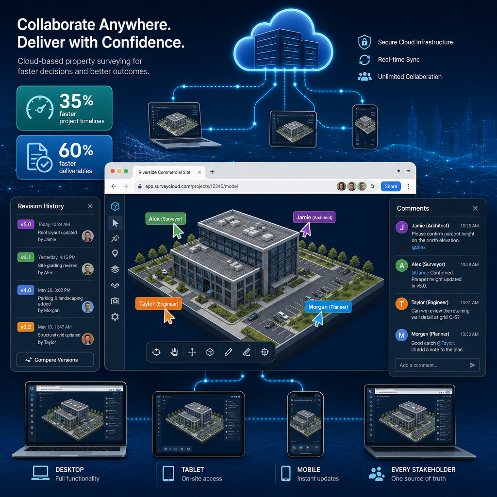 Detailed () illustration showing a browser window displaying an interactive 3D property model with multiple colored user
