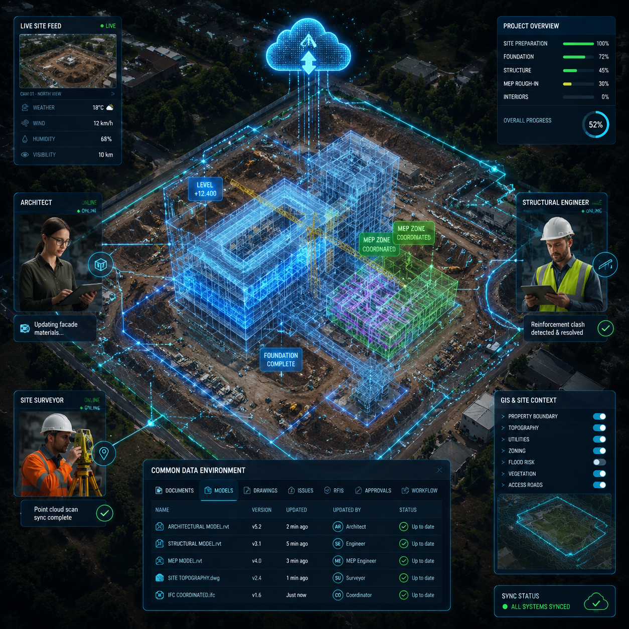 () showing a top-down aerial view of a property development site overlaid with a transparent digital twin 3D model, BIM