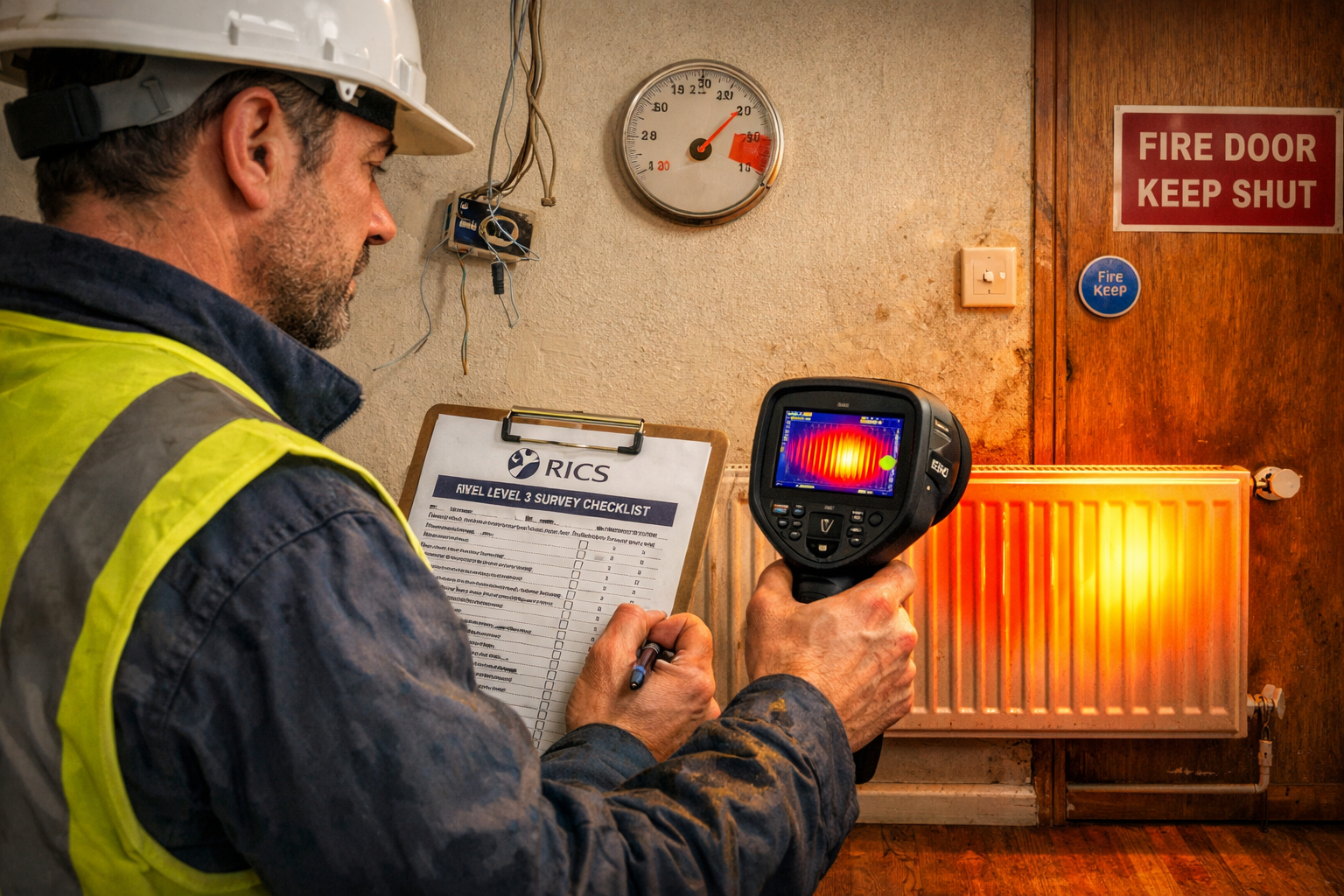 Wide-angle editorial photograph of a professional building surveyor conducting a Level 3 survey inspection inside a UK