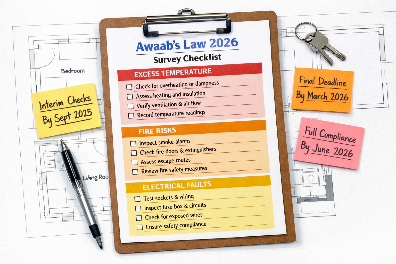 Flat-lay infographic style image showing a structured survey checklist document for Awaab's Law 2026 hazard categories —