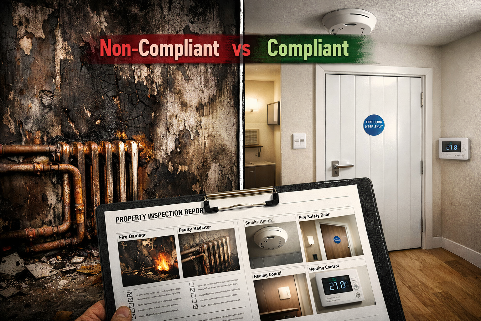 Split-scene editorial image: left side shows a damaged rental property with fire-scorched walls and overheated radiator