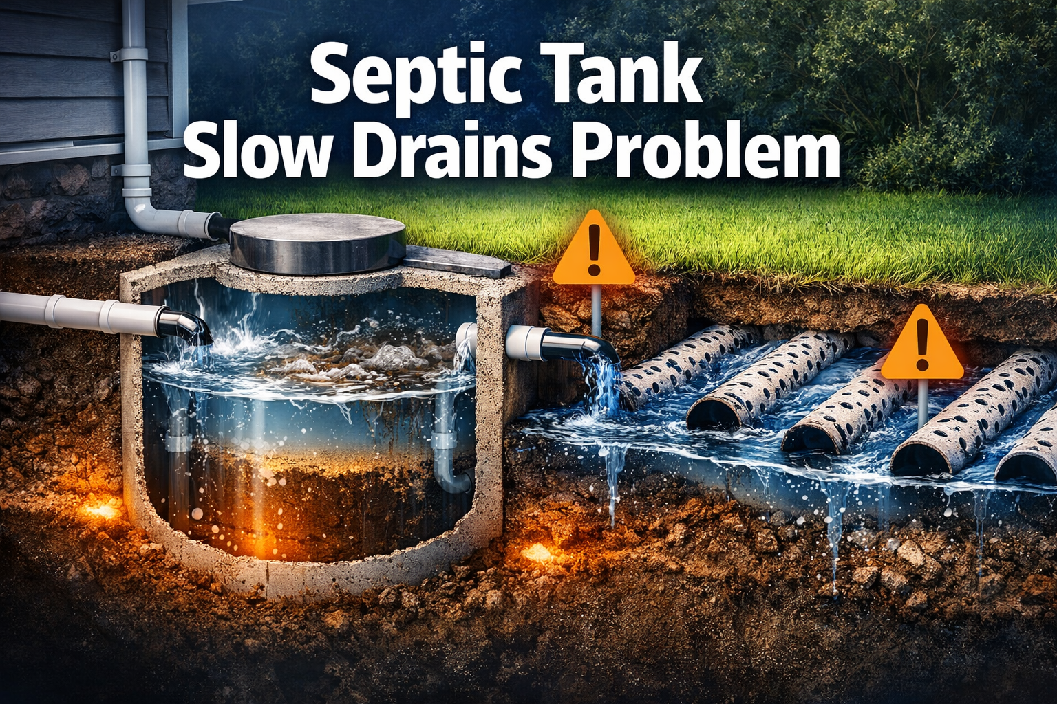 Professional landscape format (1536x1024) hero image featuring bold text overlay 'Septic Tank Slow Drains Problem' in extra large 72pt white