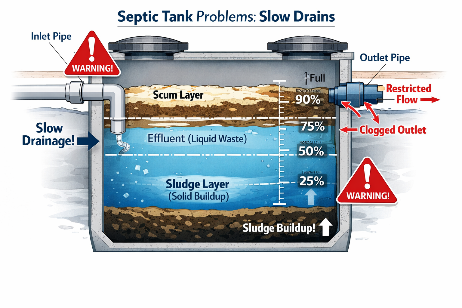 Landscape format (1536x1024) detailed cutaway illustration of septic tank showing layers of scum, effluent, and sludge buildup causing slow 