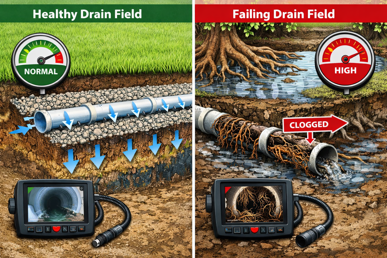 Landscape format (1536x1024) split-screen comparison showing healthy vs. problematic septic drain field. Left side displays clear soil absor