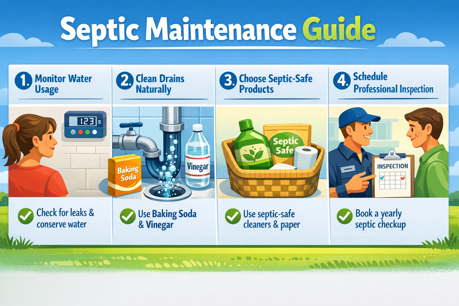 Landscape format (1536x1024) step-by-step visual guide showing homeowner performing septic maintenance tasks: water usage monitoring, natura