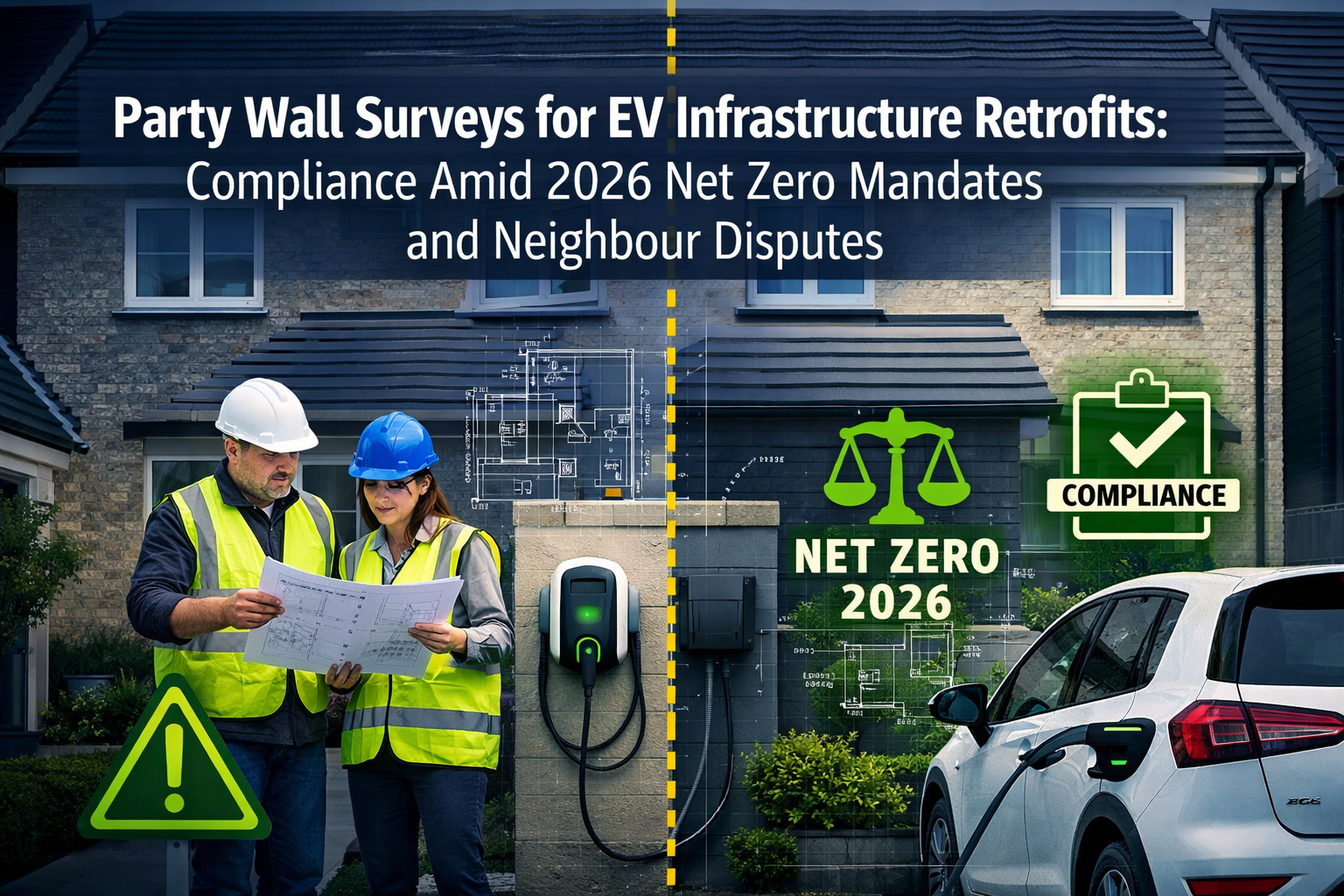 Professional () hero image with 'Party Wall Surveys for EV Infrastructure Retrofits: Compliance Amid 2026 Net Zero Mandates