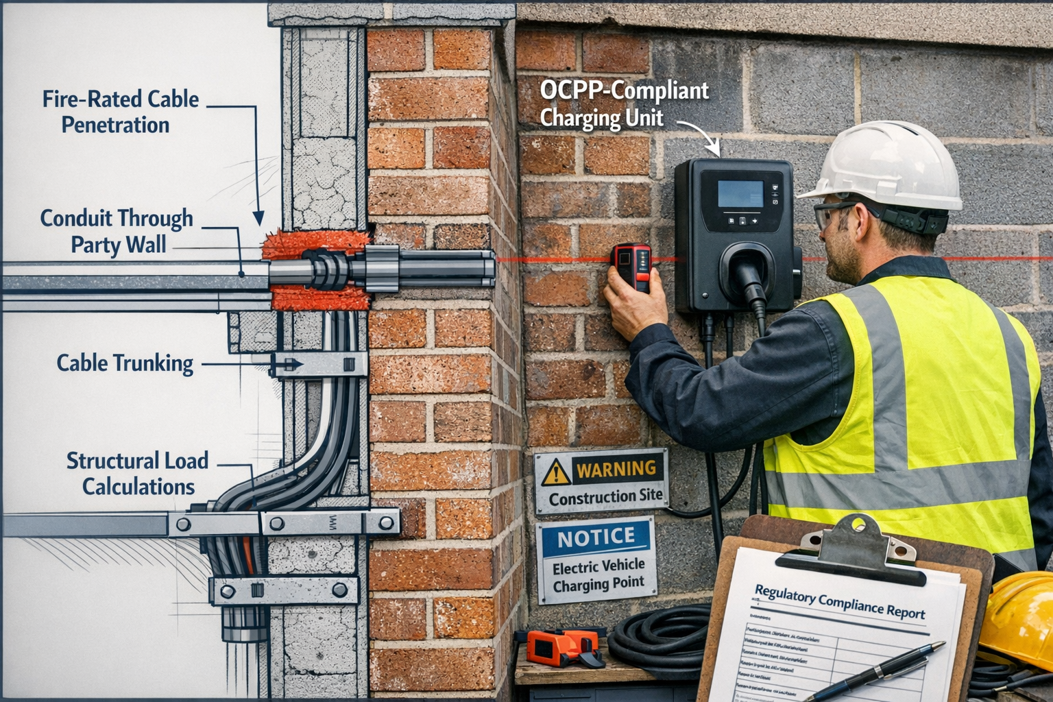 Detailed () image showing close-up of party wall boundary with EV charging infrastructure installation in progress.