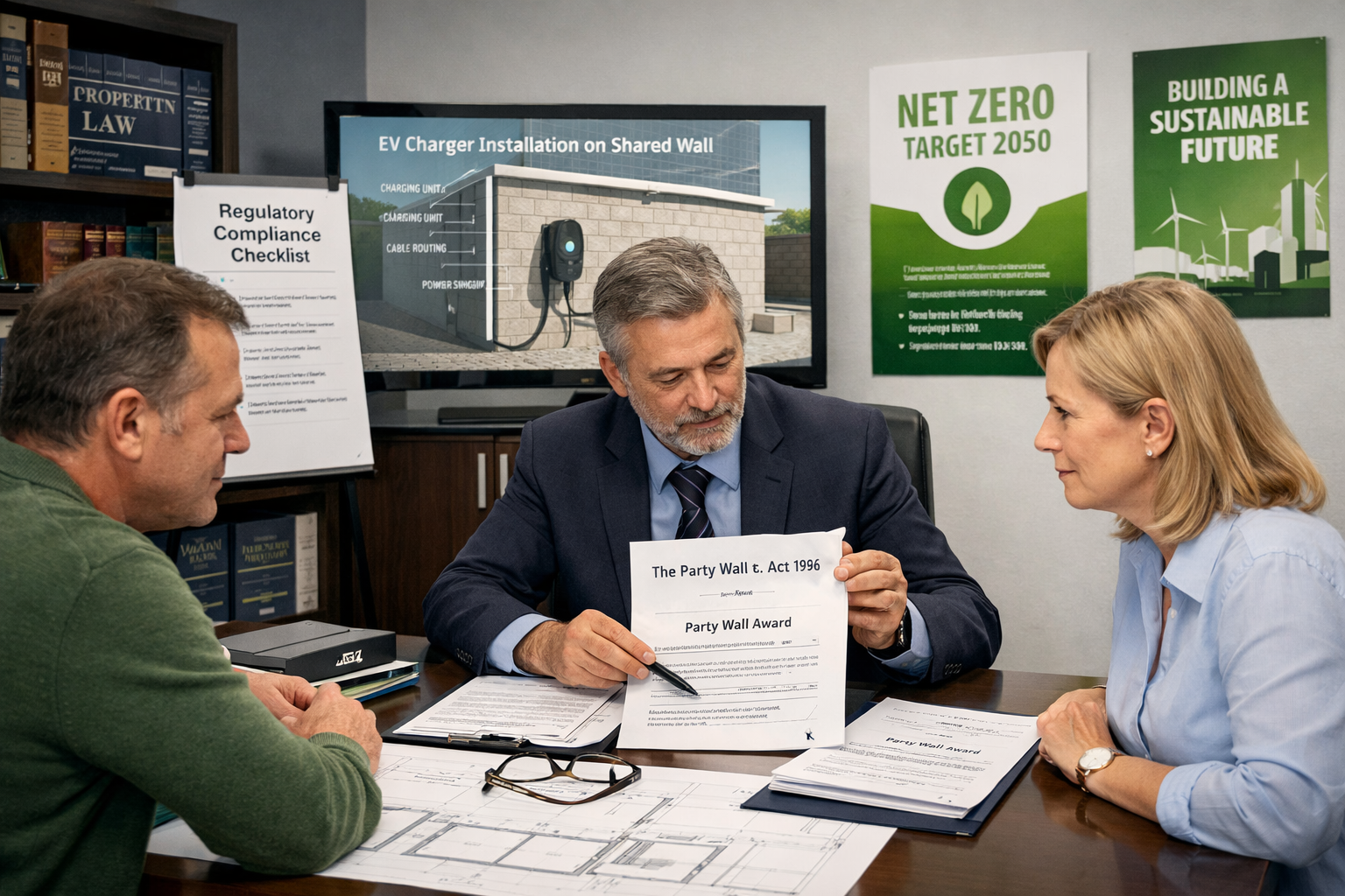 Detailed () image depicting formal party wall dispute resolution scenario in modern office setting. Two property owners