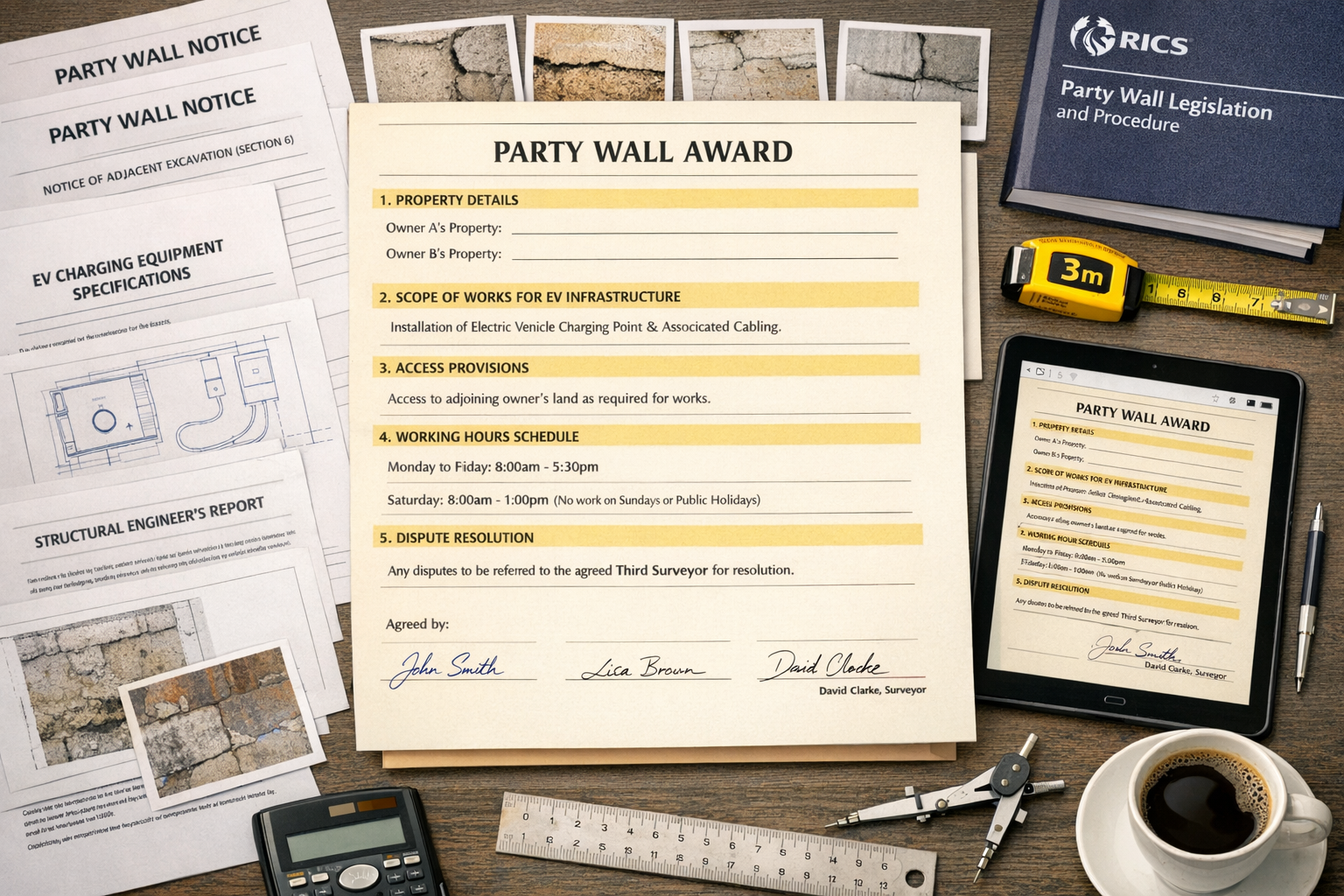 Detailed () image showing comprehensive party wall award template document as main focal point, displayed on modern desk