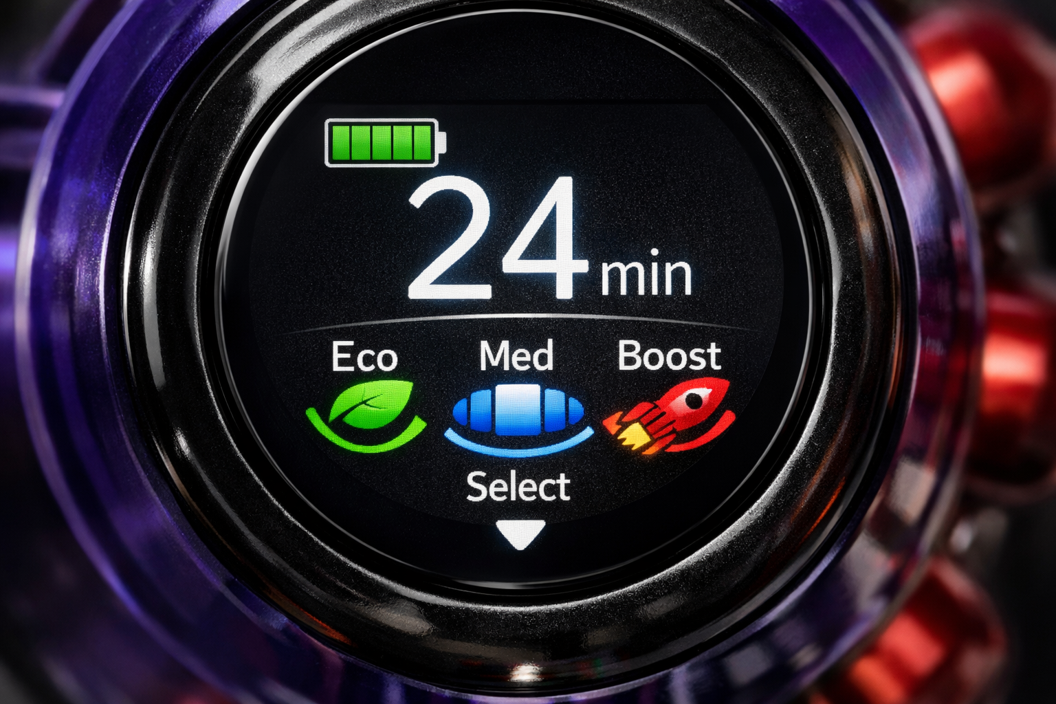 Dyson V11 Origin Cordless Vacuum close-up detailed shot of Dyson V11 Origin LCD screen displaying remaining run time and power mode selection, macro photography style