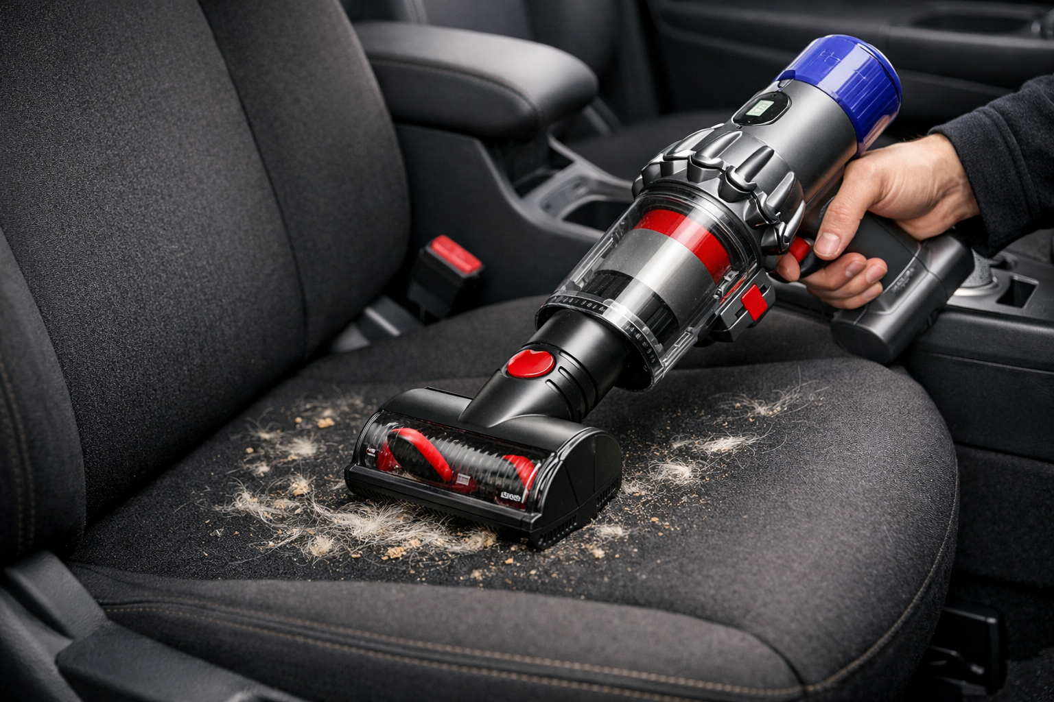 Dyson V11 Origin Cordless Vacuum Dyson V11 Origin converted to handheld vacuum mode with hair screw tool attachment cleaning car interior upholstery, lifestyle product photo