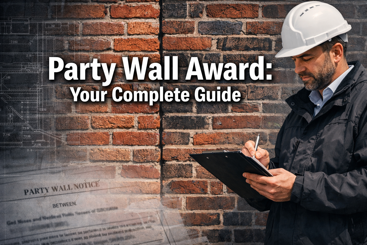 Professional landscape format (1536x1024) hero image featuring bold text overlay 'Party Wall Award: Your Complete Guide' in extra large 72pt