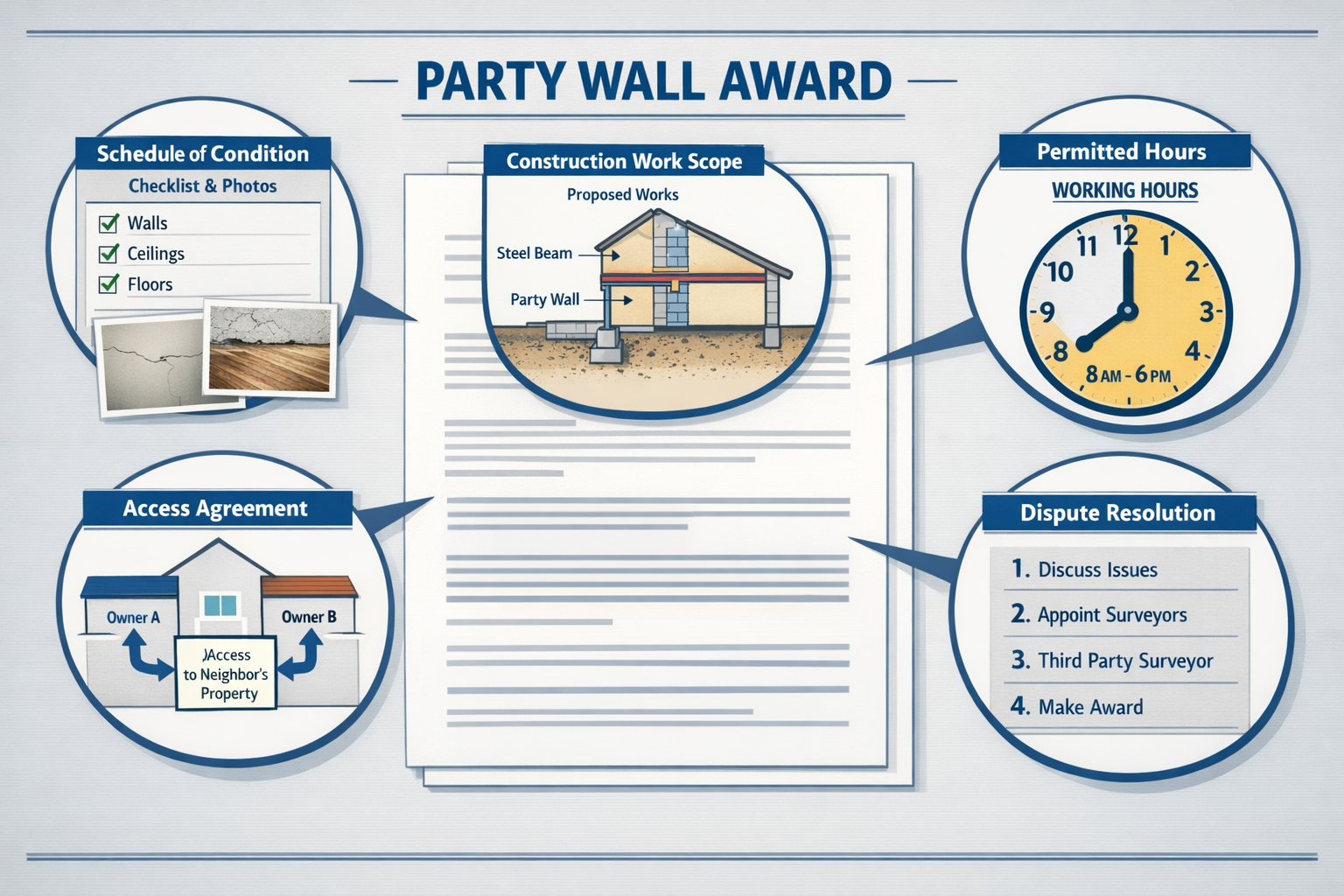 Landscape format (1536x1024) detailed illustration showing the anatomy of a party wall award document with magnified sections highlighting k