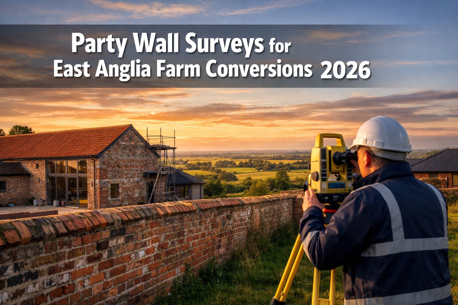Professional () hero image featuring 'Party Wall Surveys for East Anglia Farm Conversions 2026' in extra large white with