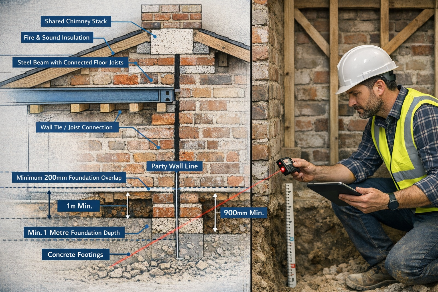 Detailed () image showing close-up technical diagram of party wall cross-section in converted farm building, annotated with