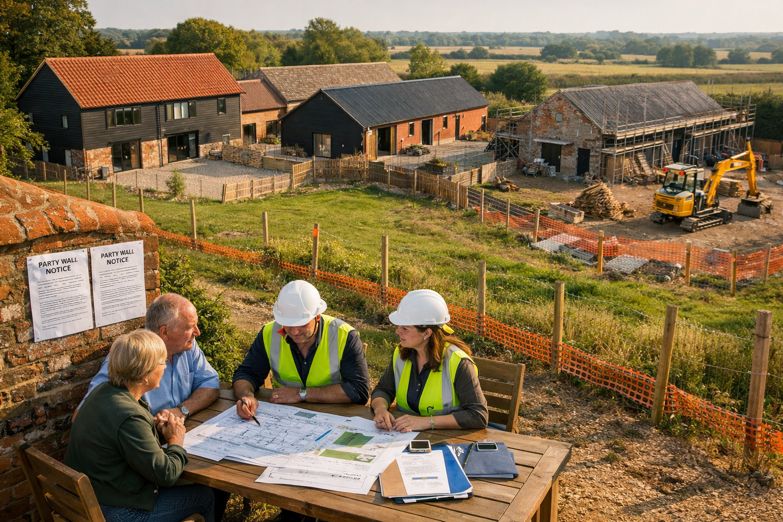 Detailed () image depicting East Anglia countryside scene with multiple converted farm buildings in various stages of