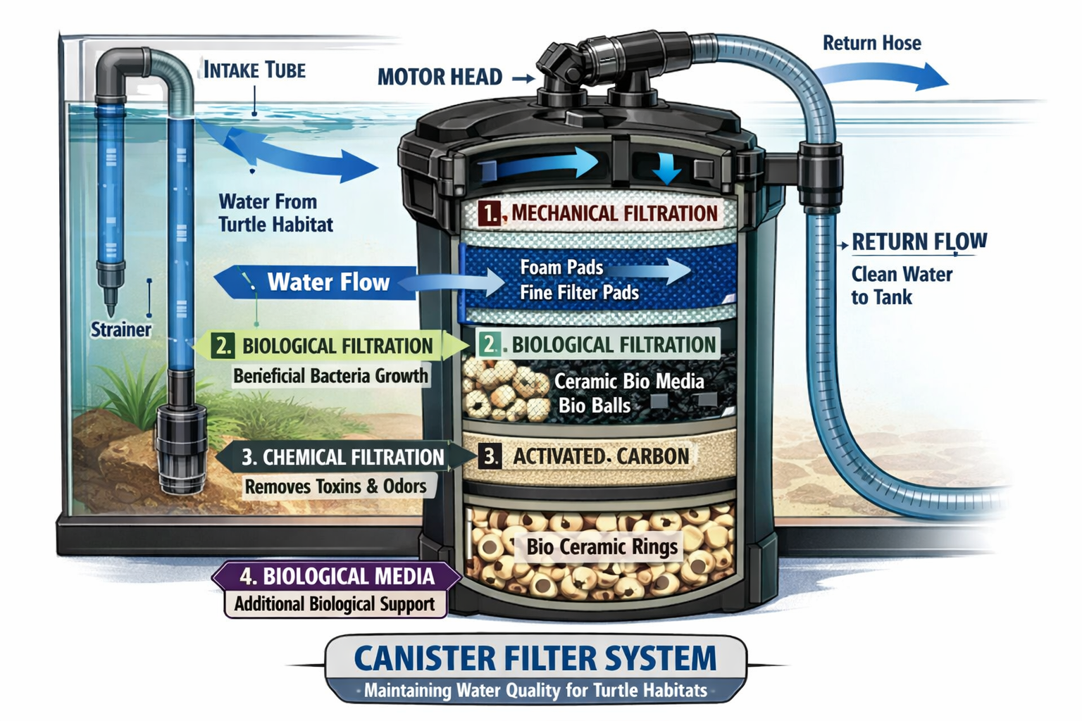 Professional aquarium filtration system cutaway diagram showing canister filter, biological media chambers, water flow arrows, and mechanica