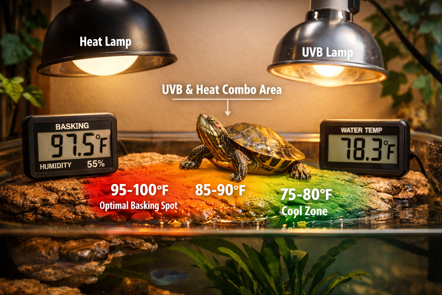 Aquatic turtle basking area setup showing proper UVB lamp positioning, temperature gradient visualization with color-coded heat zones, digit
