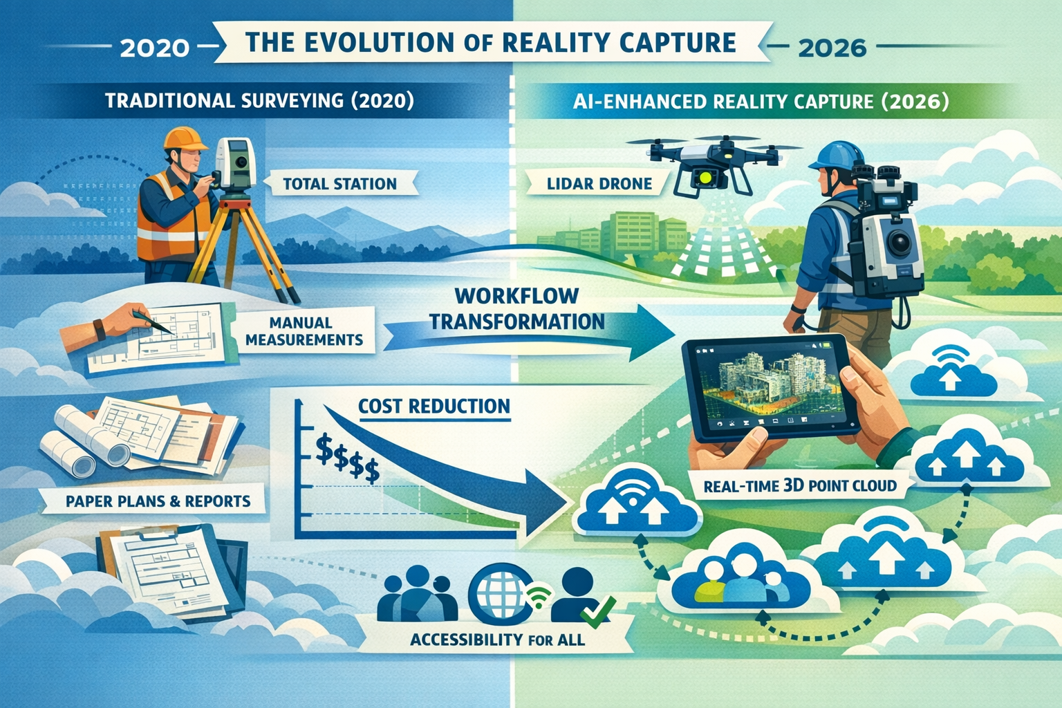 Landscape format (1536x1024) detailed illustration showing evolution timeline of reality capture technology from 2020 to 2026, split-screen 