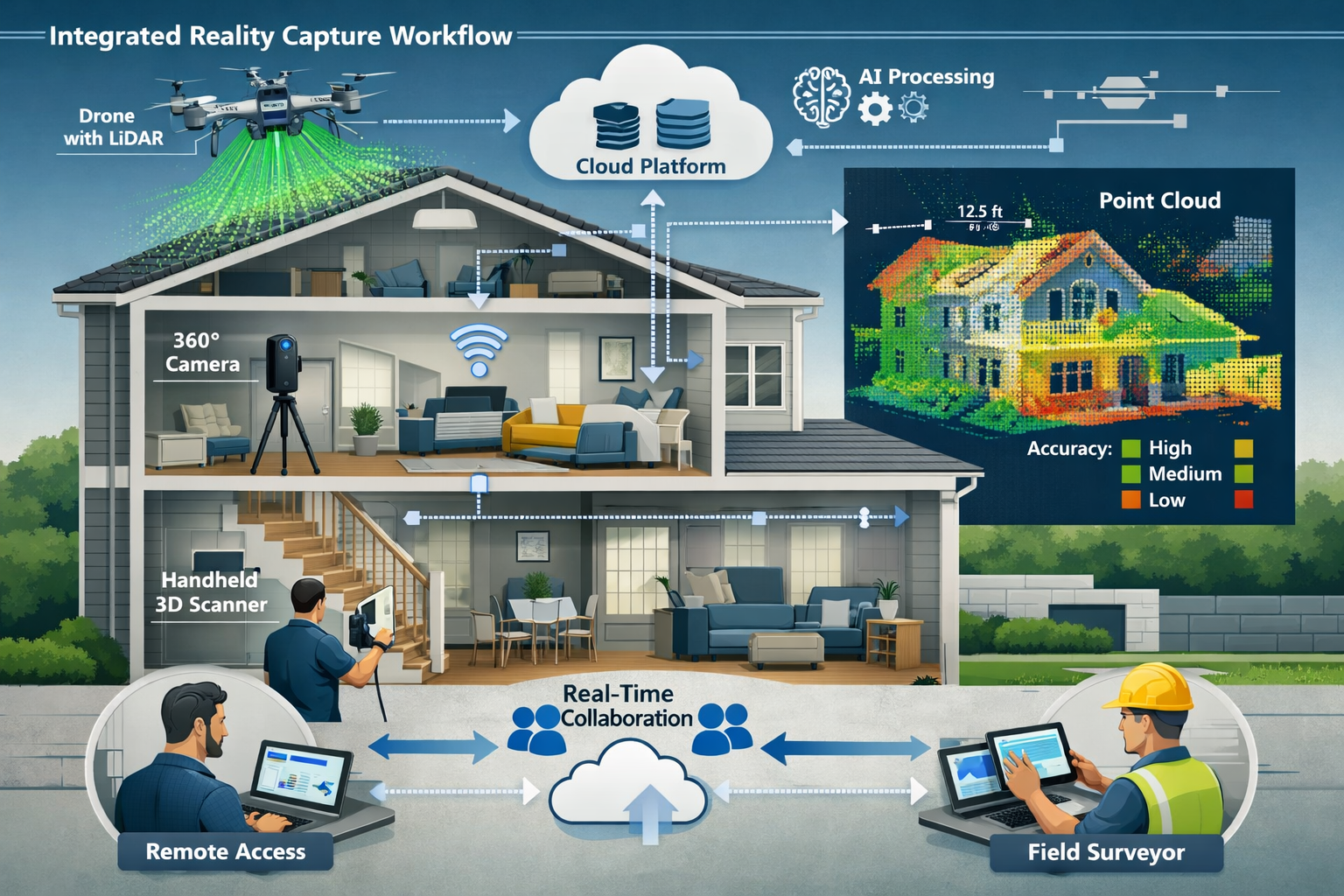 Landscape format (1536x1024) technical illustration demonstrating integrated reality capture workflow in property surveying context. Show cr