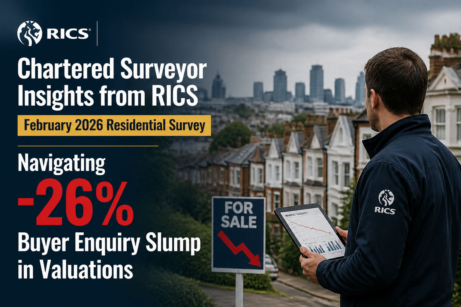 Professional landscape hero image () with : "Chartered Surveyor Insights from RICS February 2026 Residential Survey: