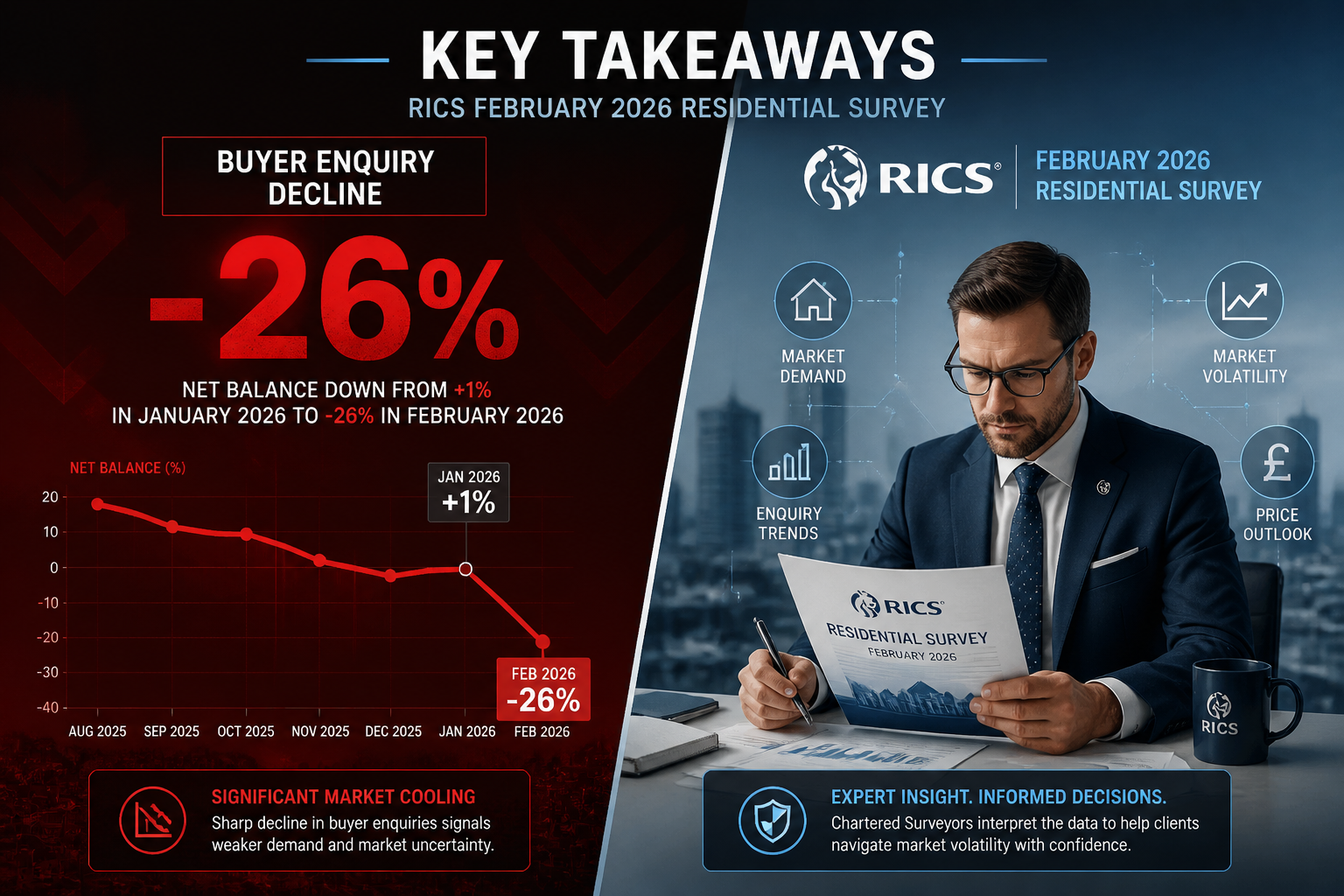 Key Takeaways section infographic: Split-screen visualization with left side showing dramatic -26% buyer enquiry decline