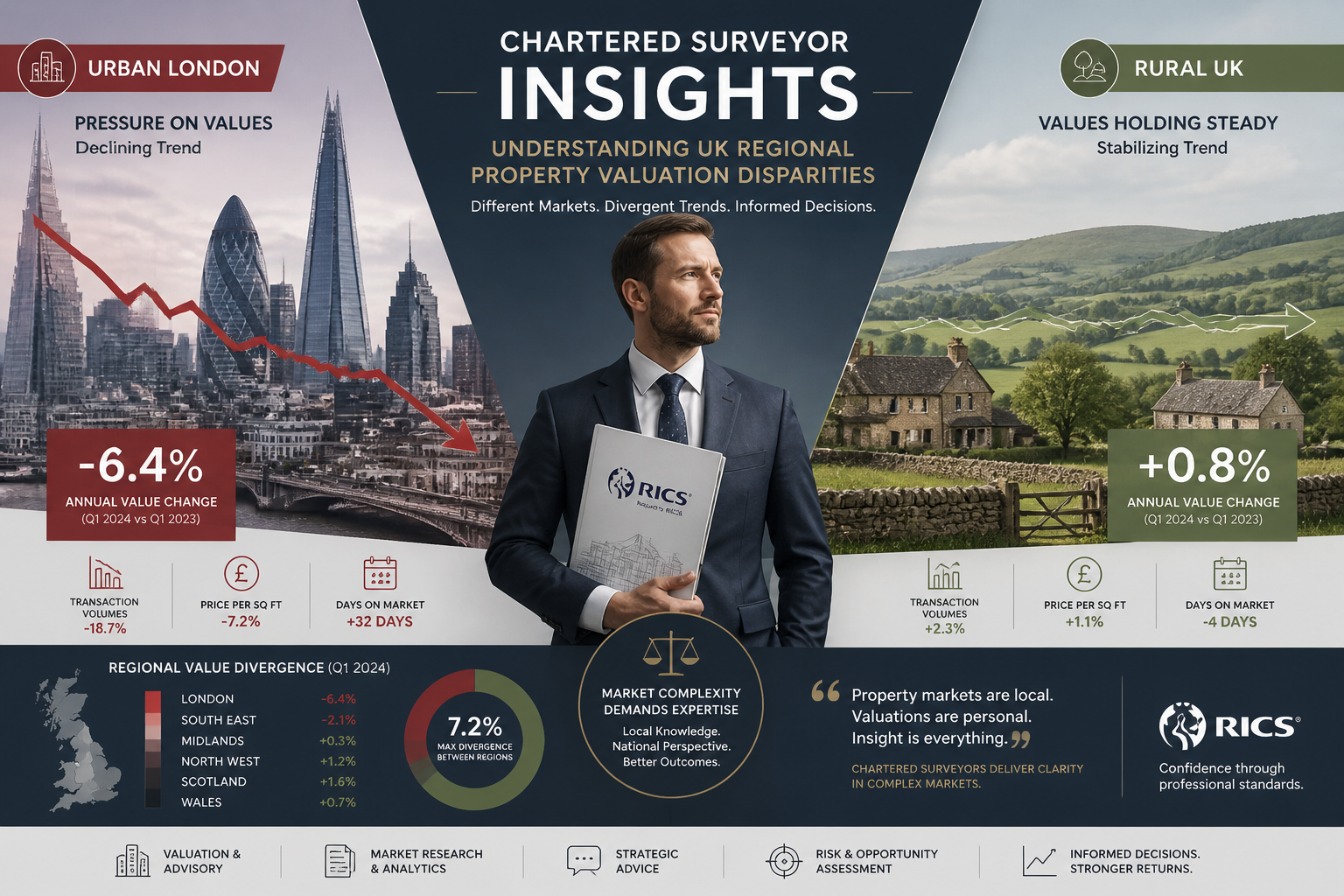 Chartered Surveyor Insights section: Comparative split-screen visualization showing UK regional property valuation