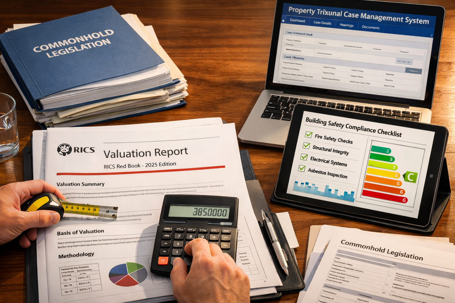 Detailed () image showing close-up of RICS Red Book valuation report open on desk with 2026 date visible, digital tablet