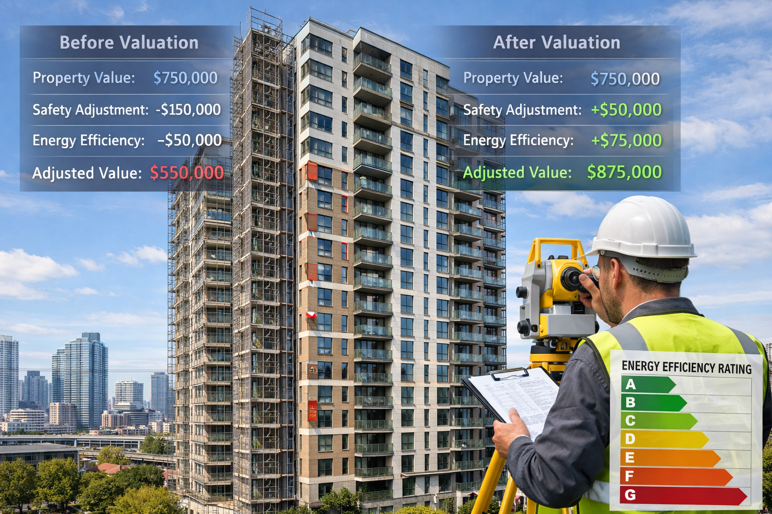 Wide-angle () image of modern high-rise residential building exterior with visible fire safety features, cladding inspection
