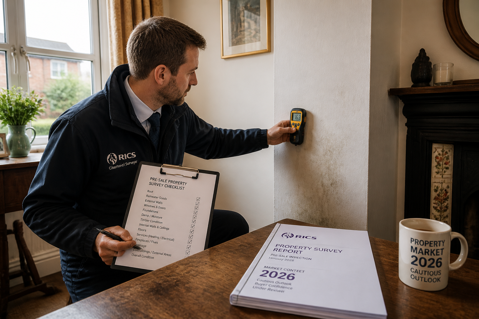 Wide-angle editorial photograph of a professional RICS chartered surveyor conducting a pre-sale property inspection inside a