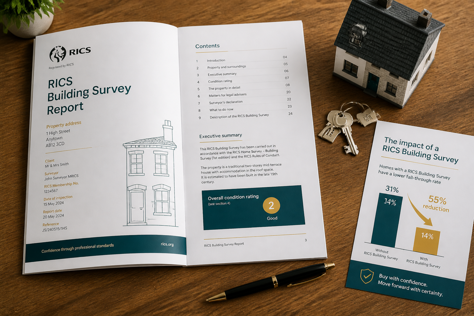 Overhead flat-lay photograph of a completed RICS building survey report document spread open on a wooden desk beside a set