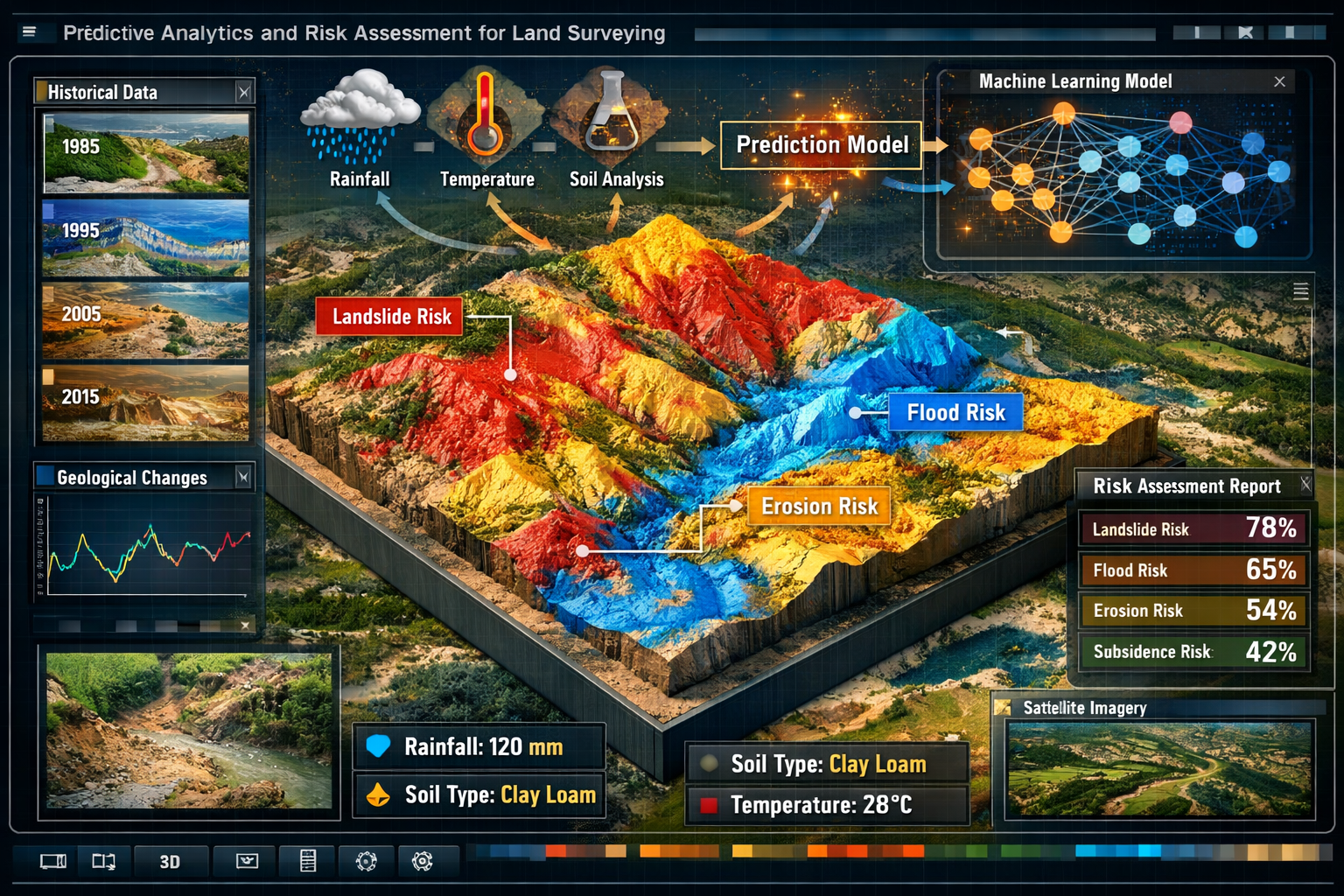 Landscape format (1536x1024) detailed visualization of predictive analytics and risk assessment for land surveying. Central focus on 3D terr