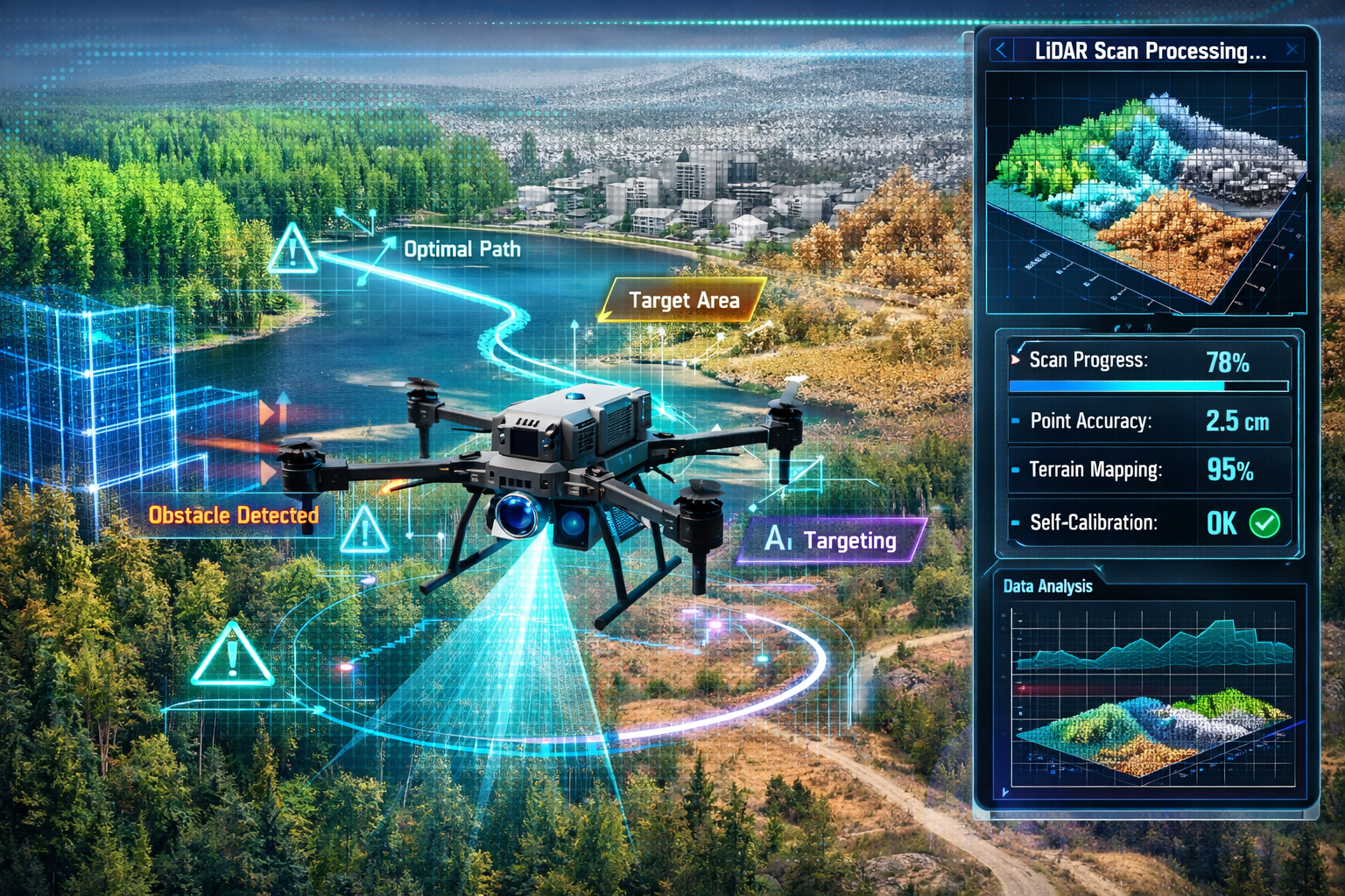 Landscape format (1536x1024) image showcasing autonomous drone operations and LiDAR technology in land surveying. Main subject: advanced sur
