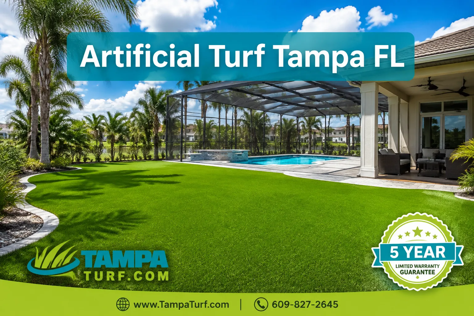 Professional () editorial hero image with SHORT : 'Artificial Turf Tampa FL' in crisp white modern on a semi-transparent