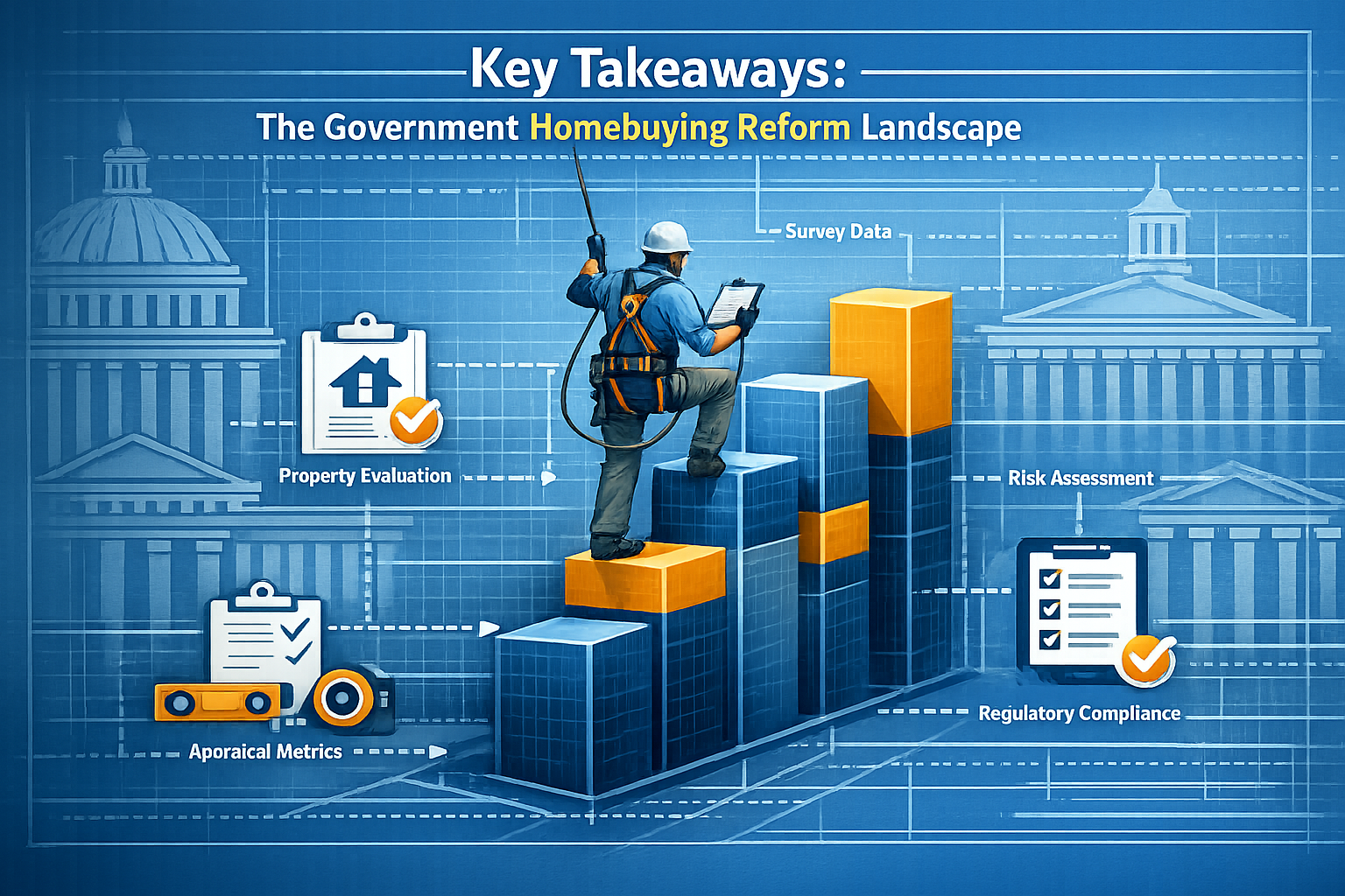 Infographic-style visual for 'Key Takeaways' section depicting government homebuying reform landscape, featuring isometric