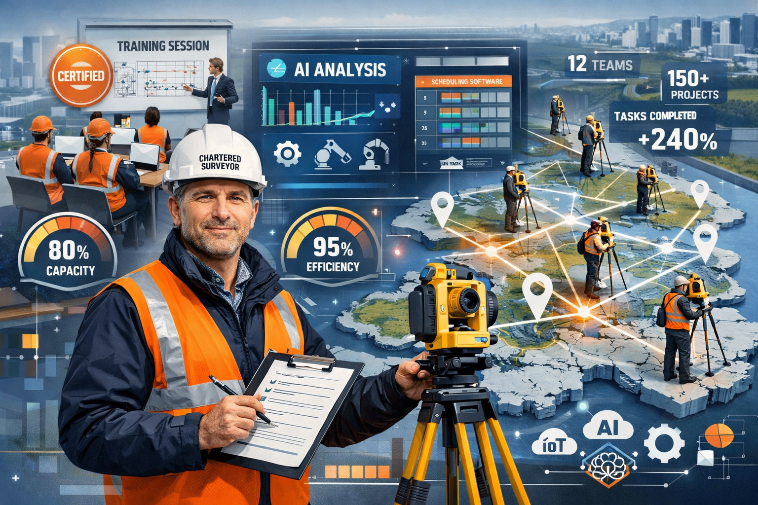 () detailed image showing surveyor workforce scaling visualization: central figure of professional chartered surveyor with