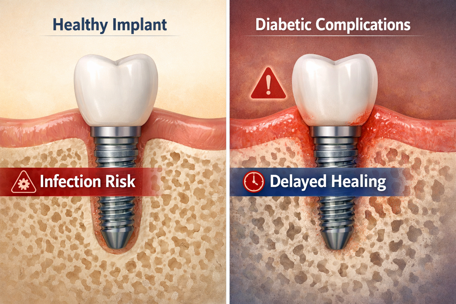() image illustrating the risks associated with dental implants for diabetics. A split-screen composition showing one side