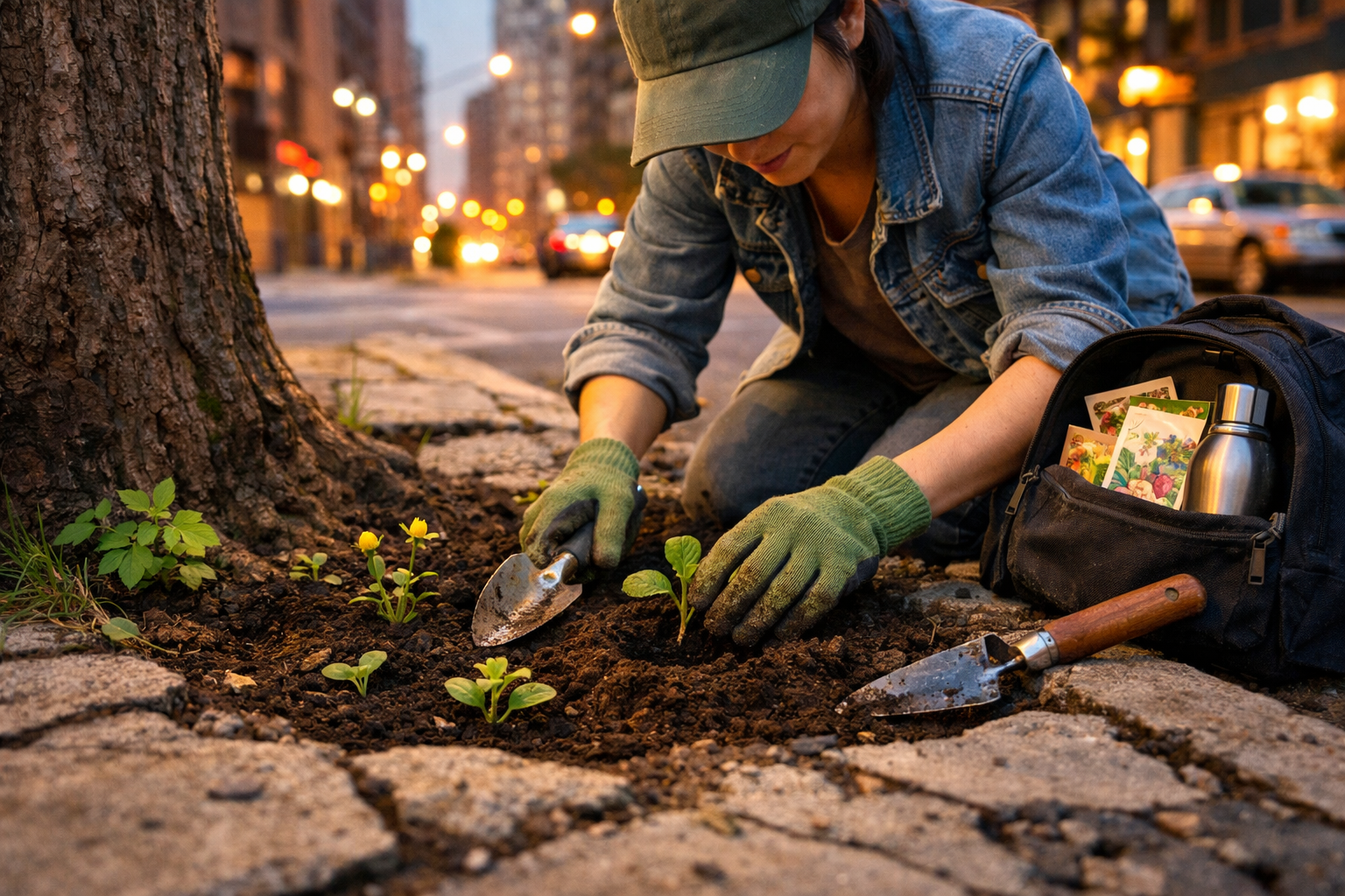 () editorial illustration showing a beginner guerrilla gardener kneeling on an urban sidewalk at dusk, planting seedlings in