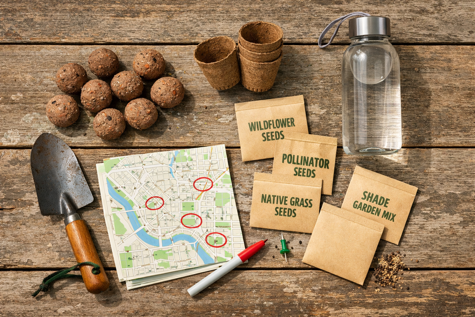 () flat-lay overhead shot on a weathered wooden surface showing guerrilla gardening starter kit: seed bombs made from clay