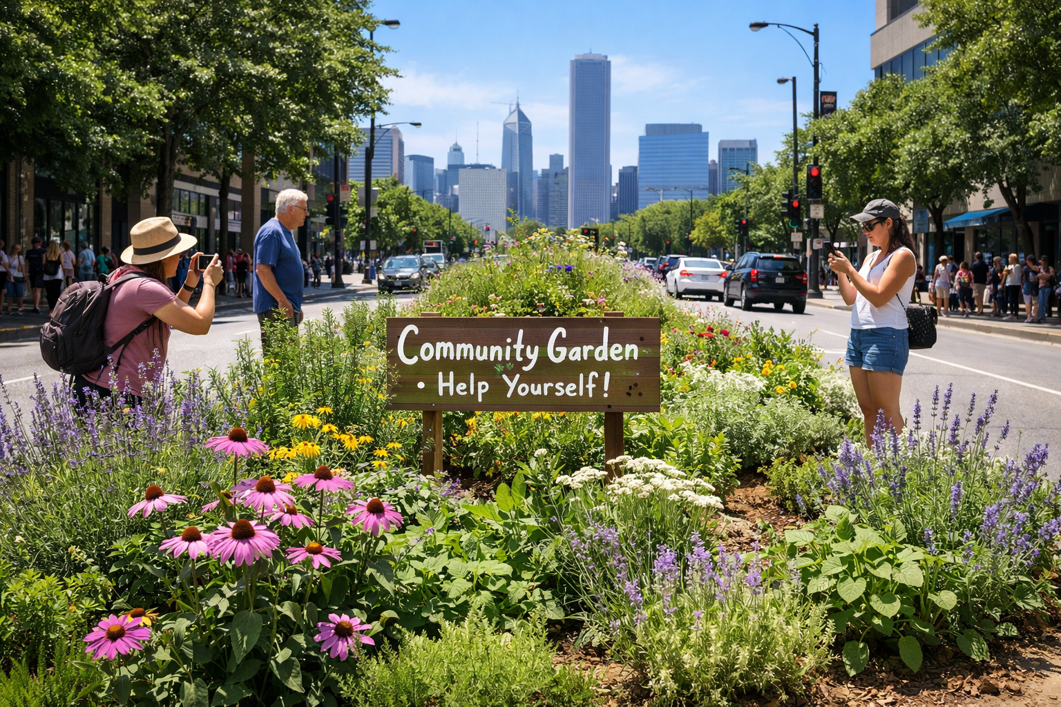 () wide-angle street-level photograph of a transformed urban neglected median strip now blooming with native wildflowers,