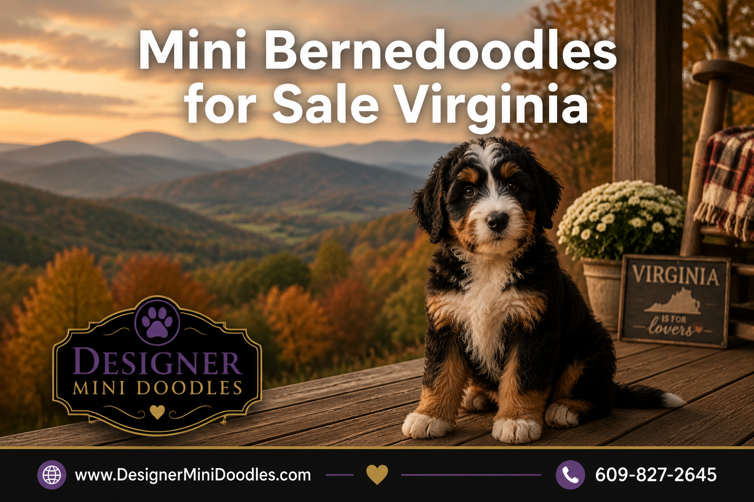 Professional () editorial hero image with 'Mini Bernedoodles for Sale Virginia' in white with subtle dark , centered in