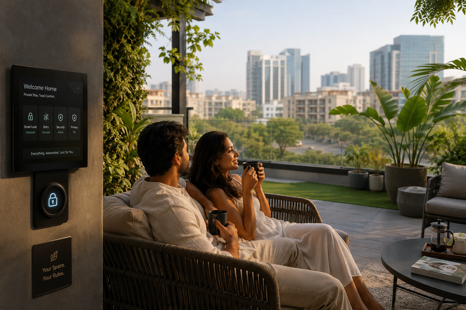 () editorial image showing a relaxed couple enjoying a private terrace at an Airbnb, with lush plants and a cityscape of