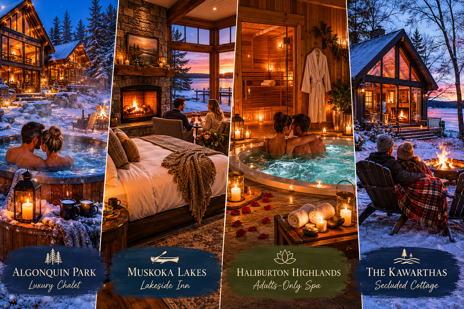 () editorial collage showing four distinct Ontario romantic retreat styles side by side: a luxury Algonquin Park chalet with