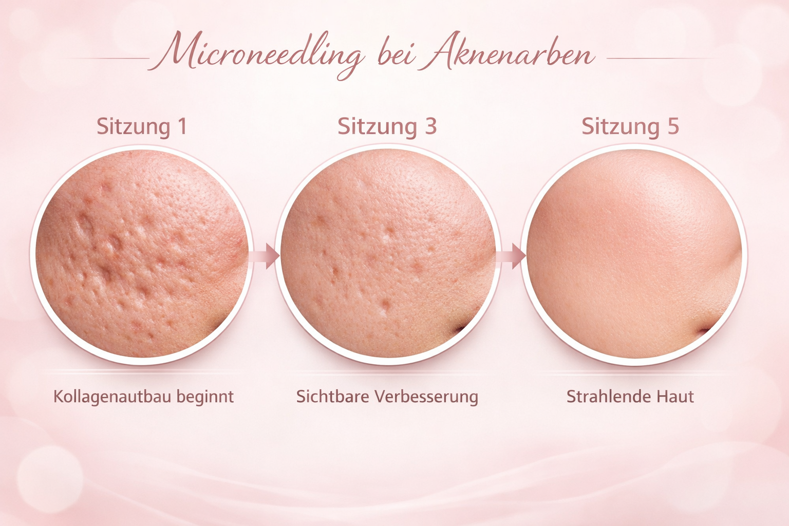 Detailed () image showing a step-by-step visual timeline of microneedling treatment sessions for acne scars: three elegant